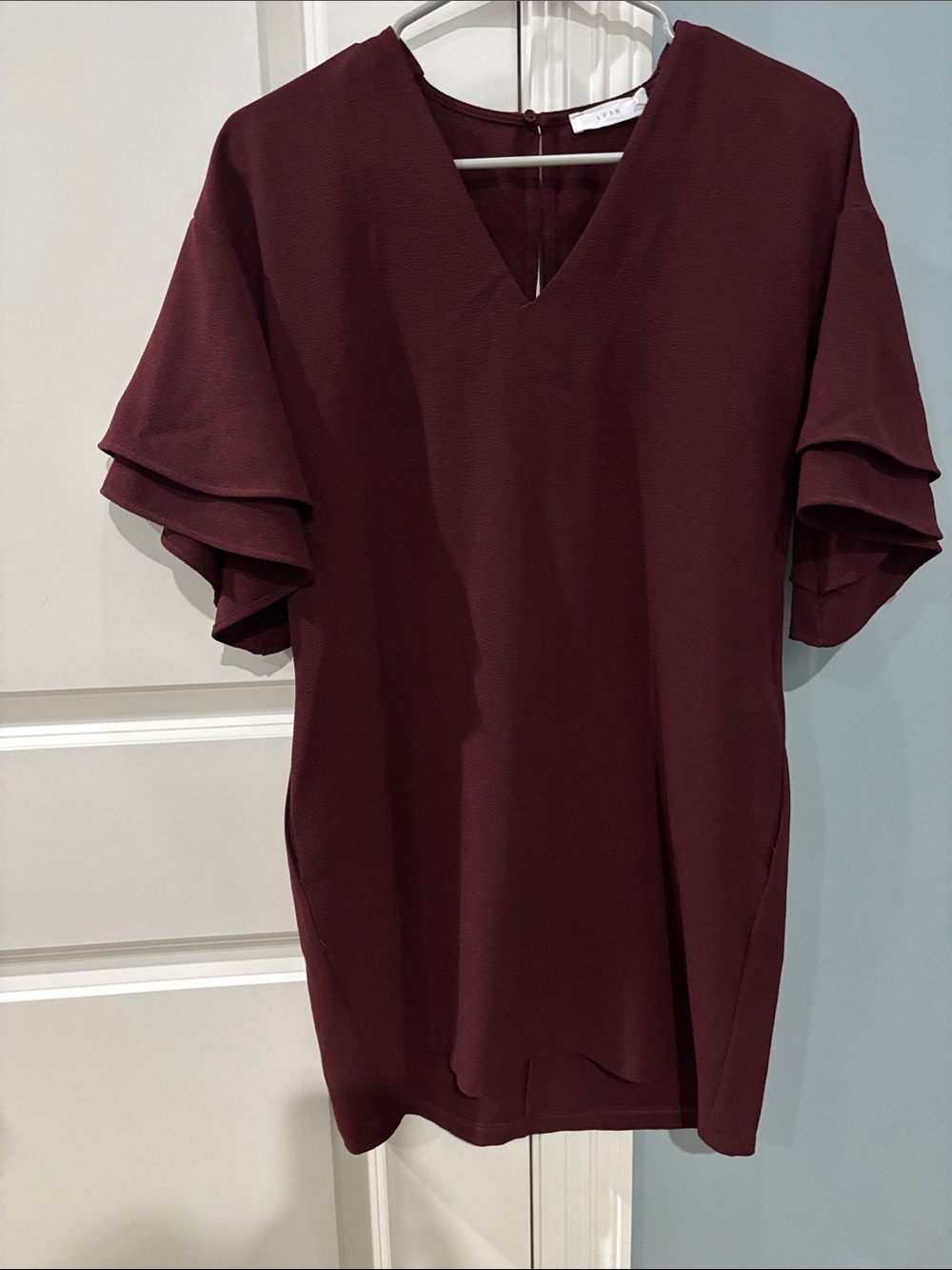 Lush Burgundy V-Neck Short Sleeve Ruffle dress